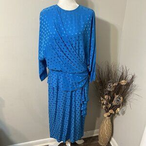 Vtg 80s Louis Feraud Dress Blue Polka Dot Silk Midi Long Sleeves Faux Wrap Sz 14